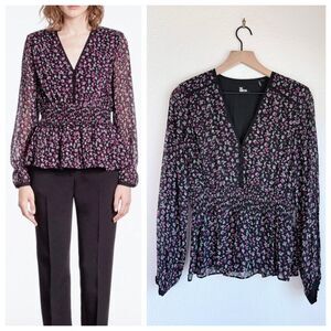 NEW The Kooples Women's V-Neck Smocked Waist Blouse in Purple Floral Sz 1 (US 4)
